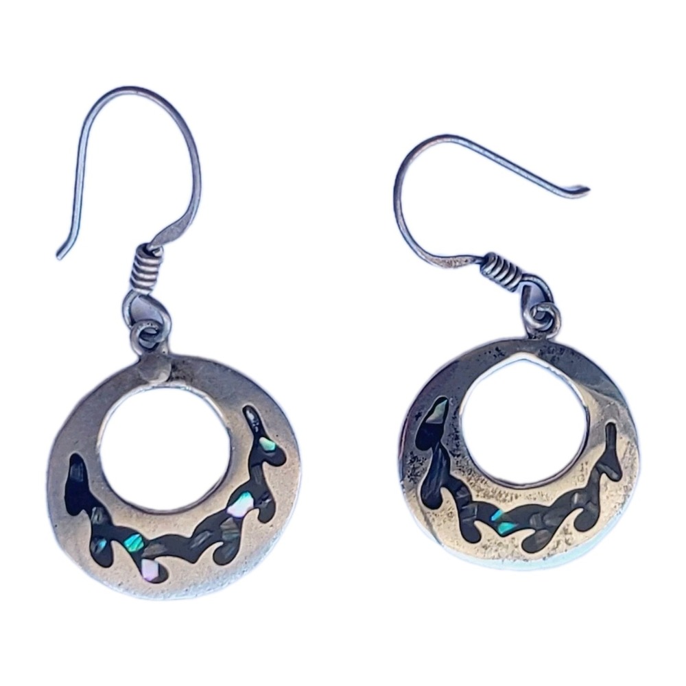 925 Mexico Sterling Silver Abalone Onyx Inlay‎ Dangle Earrings Round  Boho